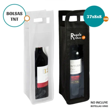 Porta-Botella de vino, para 1 unidad, en tela no tejida (TNT) de 80g/m2, con ventana frontal de PVC clear.
