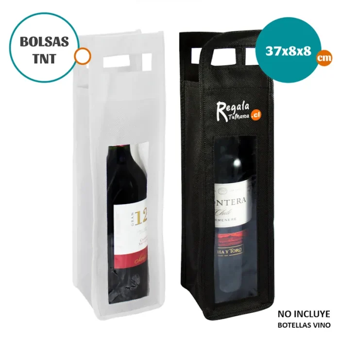 Porta-Botella de vino, para 1 unidad, en tela no tejida (TNT) de 80g/m2, con ventana frontal de PVC clear.